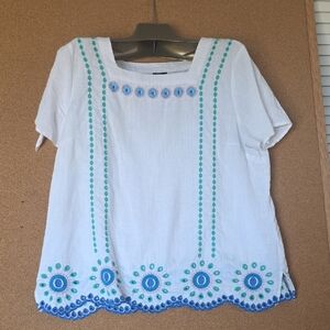 Talbots Spring White Blouse With Embroidery. Short Sleeve&Square Neckline Sz XL